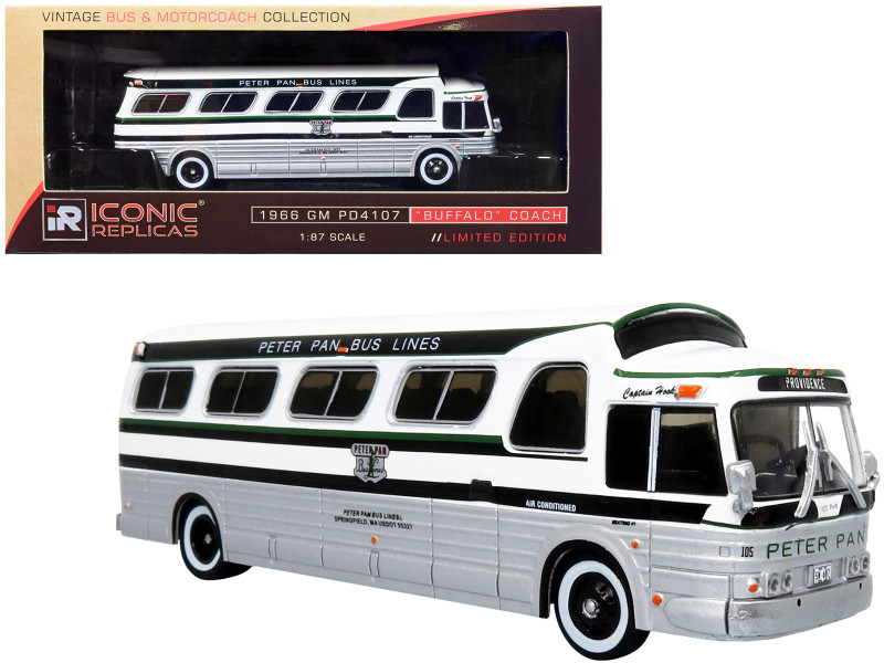 1966 GM PD4107 Buffalo Coach Bus Peter Pan Bus Lines Destination Providence Rhode Island Vintage Bus Motorcoach Collection 1/87 Diecast Model Iconic Replicas 87-0286