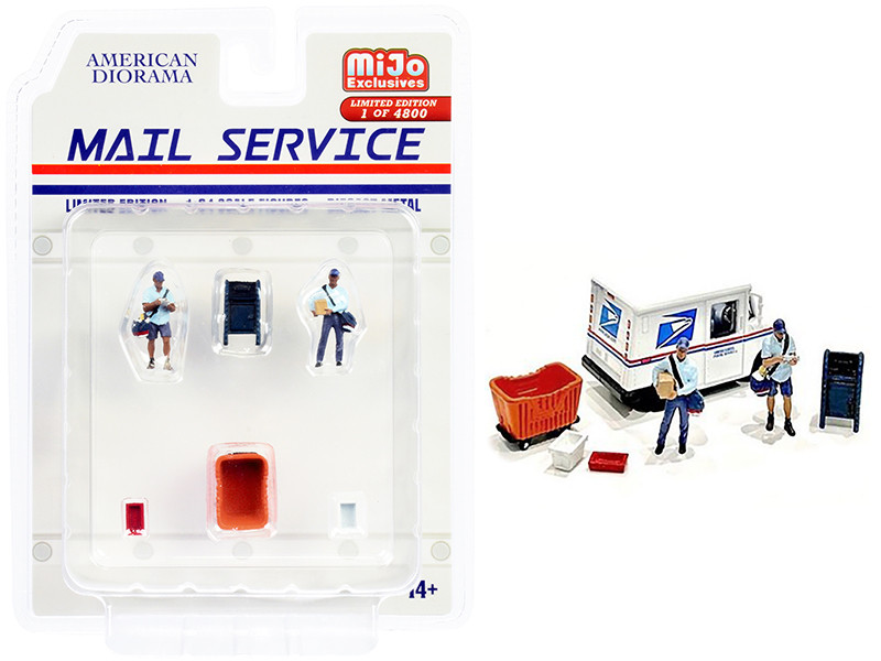 Mail Service 6 piece Diecast Set 2 Male Mail Carrier Figurines 4 Accessories Limited Edition 4800 pieces Worldwide 1/64 Scale Models American Diorama 76491
