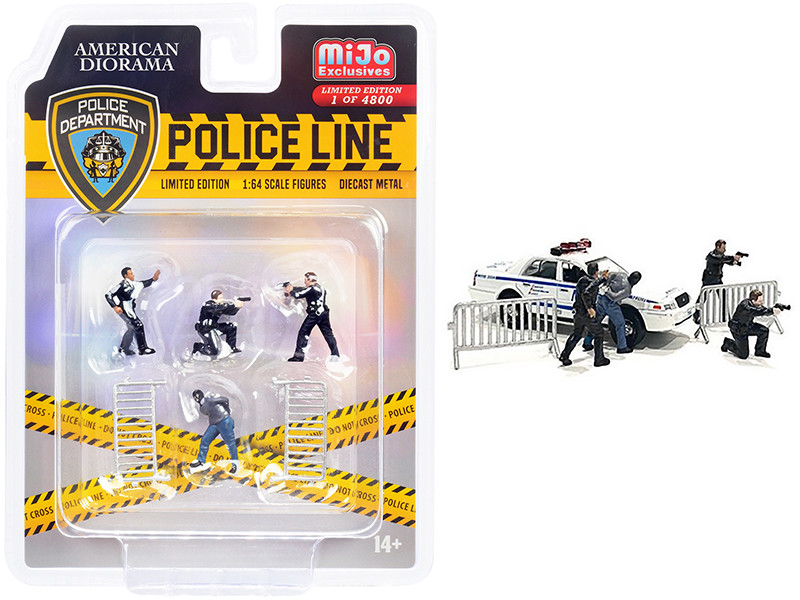 Police Line 6 piece Diecast Set 4 Figurines 2 Accessories Limited Edition 4800 pieces Worldwide 1/64 Scale Models American Diorama 76493