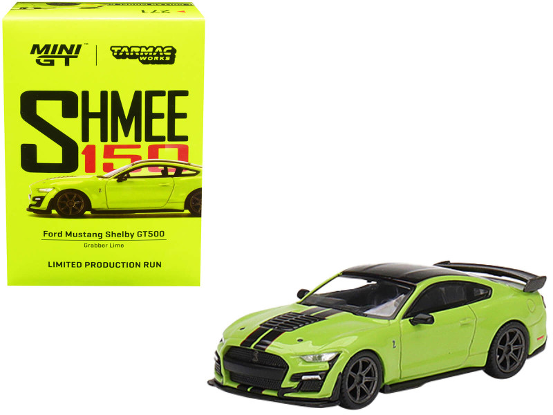 Ford Mustang Shelby GT500 Grabber Lime Green Black Top and Stripes Shmee150 Collection Collaboration Model 1/64 Diecast Model Car True Scale Miniatures & Tarmac Works MGT00271