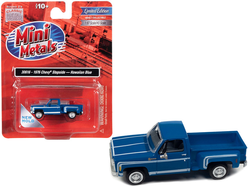 1976 Chevrolet Stepside Pickup Truck Hawaiian Blue White Stripes 1/87 HO Scale Model Car Classic Metal Works 30616