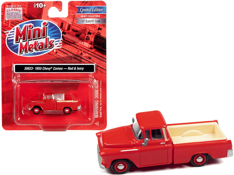 1955 Chevrolet Cameo Pickup Truck Red Ivory 1/87 HO Scale Model Car Classic Metal Works 30623