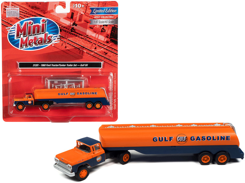 1960 Ford Tanker Truck Orange Blue Gulf Oil 1/87 HO Scale Model Classic Metal Works 31201