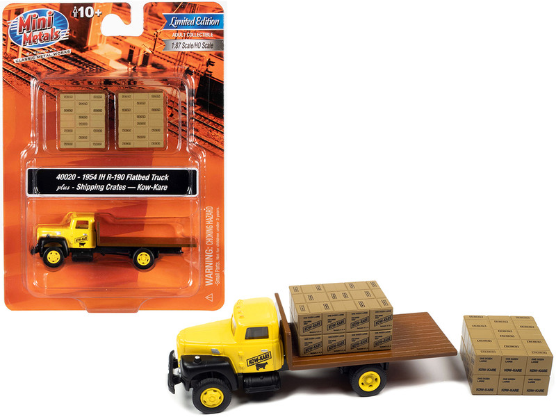 1954 IH R-190 Flatbed Truck Yellow Two Shipping Crate Loads Kow-Kare 1/87 HO Scale Model Classic Metal Works 40020