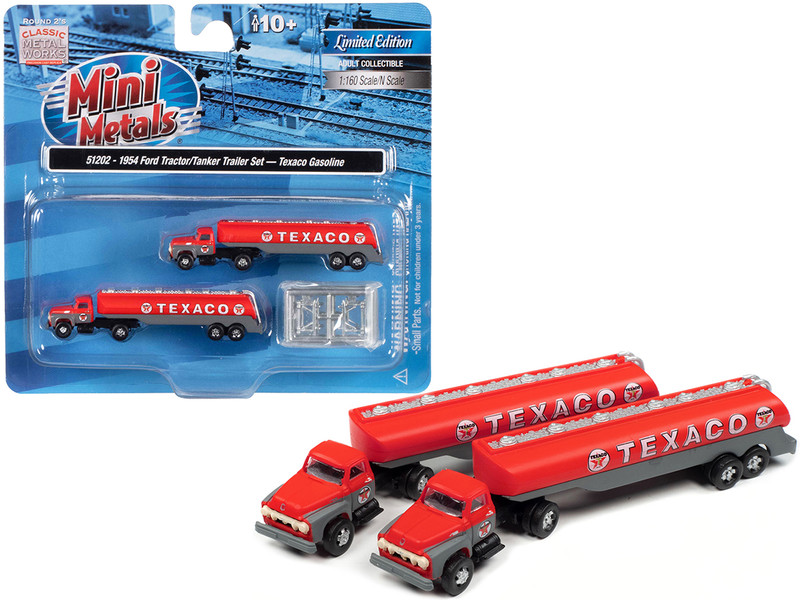 1954 Ford Tanker Truck Red Gray Texaco Set of 2 pieces 1/160 N Scale Models Classic Metal Works 51202