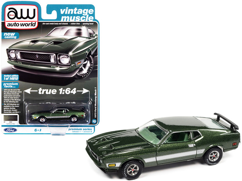 1973 Ford Mustang Mach 1 Ivy Bronze Green Metallic with Silver Stripes Vintage Muscle Limited Edition 14910 pieces Worldwide 1/64 Diecast Model Car Auto World 64352-AWSP099B