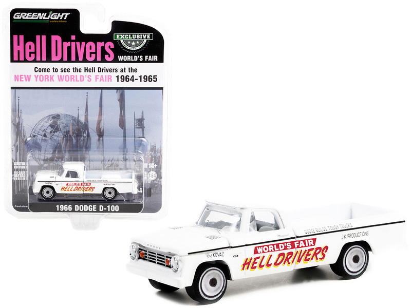 1966 Dodge D-100 Pickup Truck White Hell Drivers New York World’s Fair 1964-1965 Hobby Exclusive 1/64 Diecast Model Car Greenlight 30331