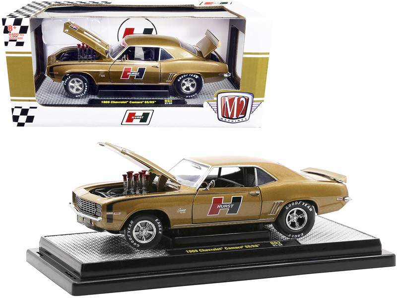 1969 Chevrolet Camaro SS/RS Gold Metallic with Black Stripes Hurst Limited Edition 9600 pieces Worldwide 1/24 Diecast Model Car M2 Machines 40300-92B