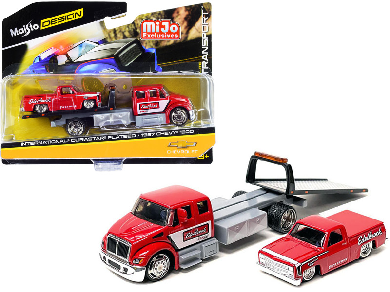 International DuraStar Flatbed Truck and 1987 Chevrolet 1500 Pickup Truck Bed Cover Red with Graphics Edelbrock Elite Transport Series 1/64 Diecast Models Maisto 15055-21EB