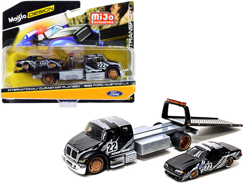 International DuraStar Flatbed Truck #22 and 1988 Ford Mustang LX #22 Matt Black with Gray Graphics Toyo Tires Elite Transport Series 1/64 Diecast Models Maisto 15055-21TY