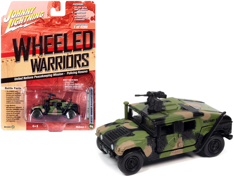 Humvee 4-CT Armored Fastback M1025 HMMWV Armament Carrier Camouflage U.N. United Nations Peacekeeping Mission - Policing Kosovo Wheeled Warriors Series Limited Edition 4280 pieces Worldwide 1/64 Diecast Model Car Johnny Lightning JLML006-JLSP198A