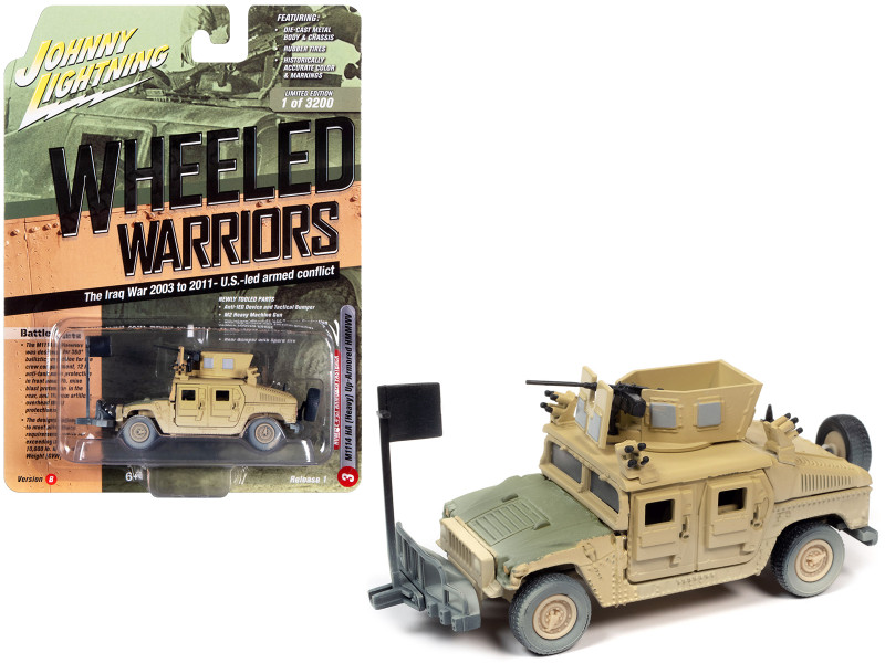 Humvee 4-CT Armored Fastback M1114 HA Heavy Up-Armored HMMWV Tan with Green Hood Battle Worn The Iraq War 2003 to 2011 - U.S. - Led Armed Conflict Wheeled Warriors Limited Edition 3200 pieces Worldwide 1/64 Diecast Model Johnny Lightning JLML006-JLSP199B