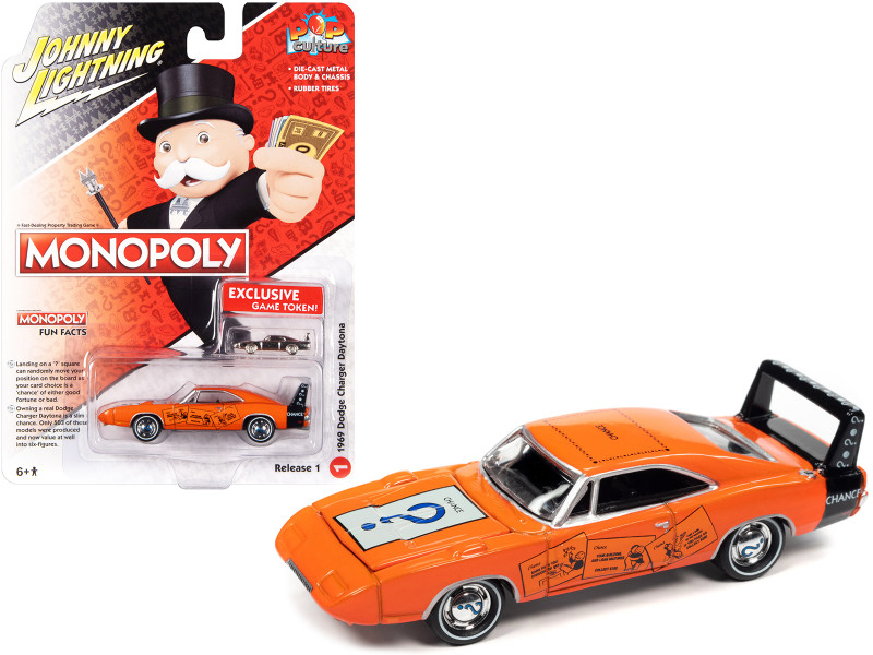 1969 Dodge Charger Daytona Chance Orange with Black Tail Stripe Graphics with Game Token Monopoly Pop Culture 2022 Release 1 1/64 Diecast Model Car Johnny Lightning JLPC006-JLSP234