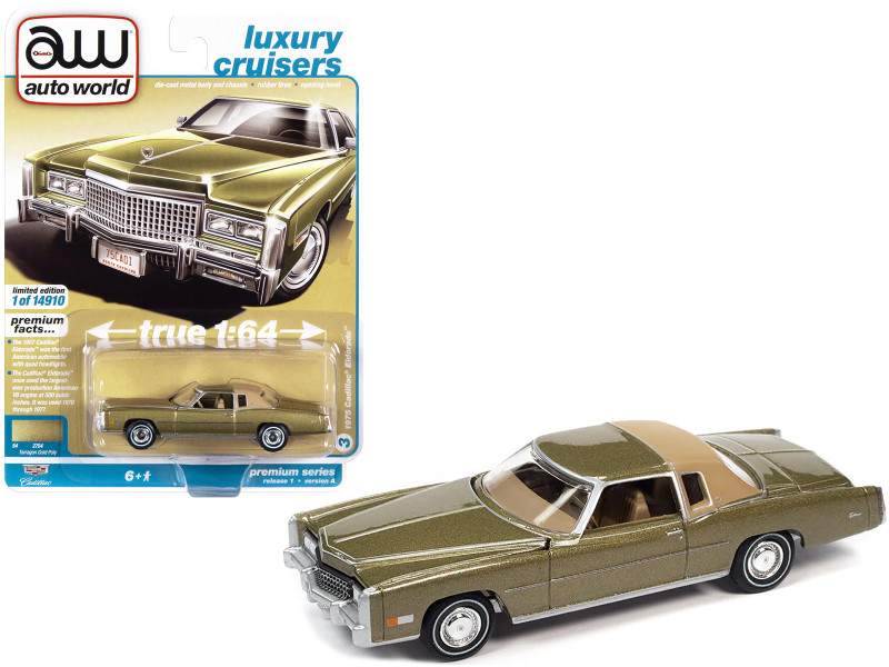 1975 Cadillac Eldorado Tarragon Gold Metallic with Rear Section Roof Sandalwood Tan Luxury Cruisers Limited Edition 14910 pieces Worldwide 1/64 Diecast Model Car Auto World 64352-AWSP098A