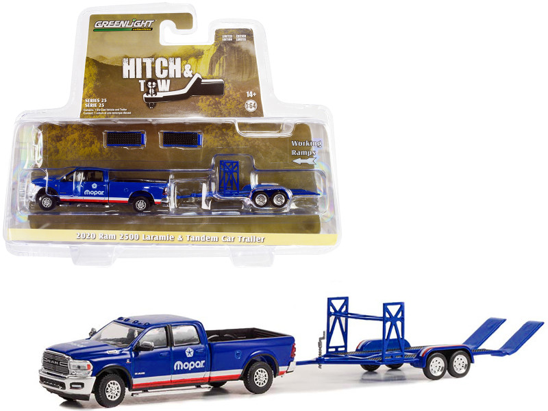2020 Ram 2500 Laramie Pickup Truck Blue with Red and White Stripes Mopar and Tandem Car Trailer Hitch & Tow Series 25 1/64 Diecast Model Car Greenlight 32250D