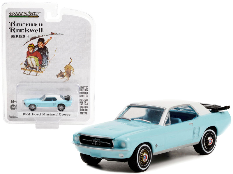 1967 Ford Mustang Coupe Light Blue with White Top and Trunk Ski Rack Skis Norman Rockwell Series 4 1/64 Diecast Model Car Greenlight 54060D