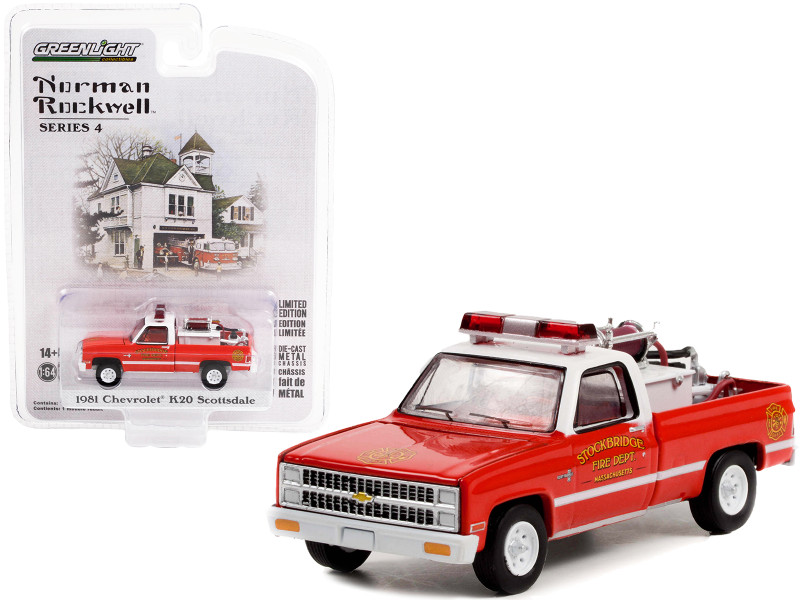 1981 Chevrolet K20 Scottsdale Pickup Truck Red White Stockbridge Fire Department Massachusetts with Fire Equipment Hose and Tank Norman Rockwell Series 4 1/64 Diecast Model Car Greenlight 54060E