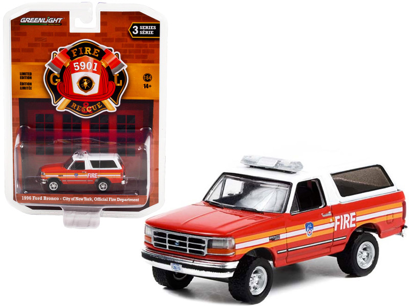 1996 Ford Bronco Red and White with Stripes City of New York Official Fire Department New York Fire & Rescue Series 3 1/64 Diecast Model Car Greenlight 67030E