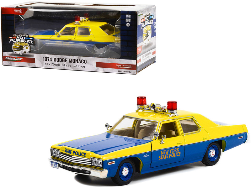 1974 Dodge Monaco Blue and Yellow New York State Police Hot Pursuit Series 1/24 Diecast Model Car Greenlight GL85551