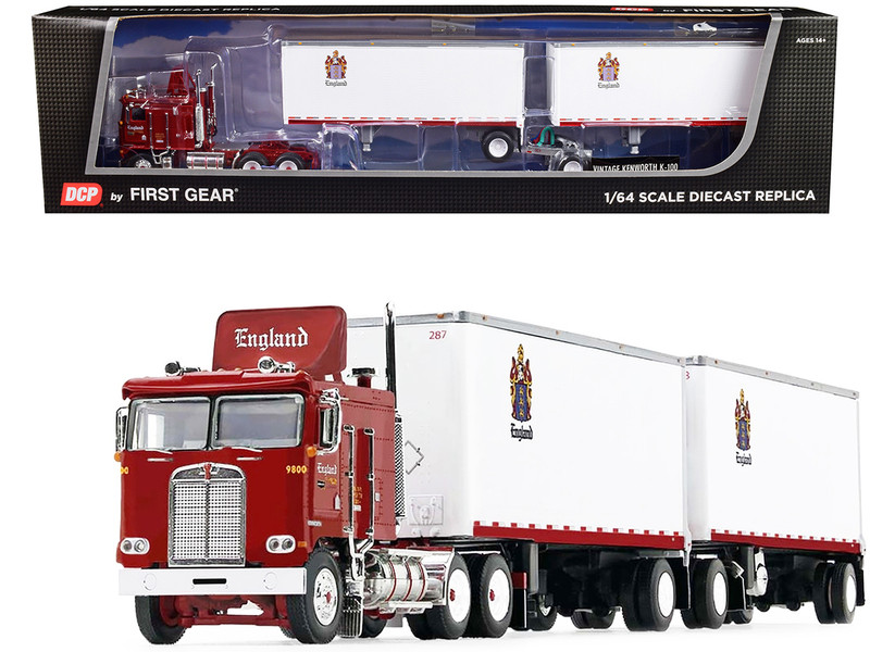 Kenworth K100 COE Flat Top Sleeper Cab with Wabash 28' Dual Pup Dry Goods Trailers Red and White CR England 1/64 Diecast Model DCP/First Gear 60-1223