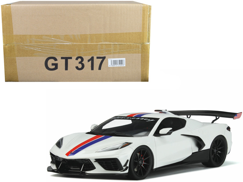 Chevrolet Corvette C8 Arctic White with Red and Blue Stripes Hennessey Limited Edition 999 pieces Worldwide 1/18 Model Car GT Spirit GT317