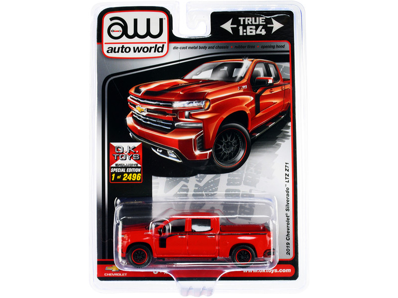 2019 Chevrolet Silverado LTZ Z71 Pickup Truck Red with Black Stripes Limited Edition 2496 pieces Worldwide 1/64 Diecast Model Car Auto World CP7918