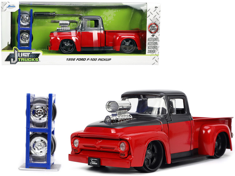 1956 Ford F-100 Pickup Truck Red and Dark Gray Metallic with Extra Wheels Just Trucks Series 1/24 Diecast Model Car Jada 33019