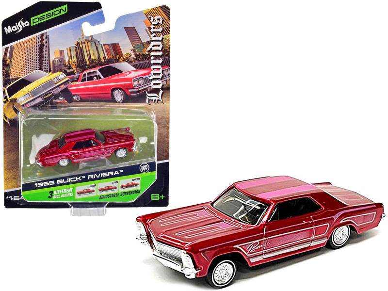 1965 Buick Riviera Lowrider Candy Red with Stripes Lowriders Series 1/64 Diecast Model Car Maisto 15494-22B