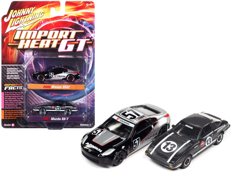 2006 Nissan 350Z #57 Black and Silver with Graphics and 1981 Mazda RX-7 #13 Dark Silver with Stripes "Import Heat GT" Set of 2 Cars 1/64 Diecast Model Cars by Johnny Lightning JLPK017-JLSP241B
