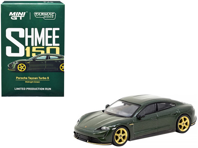 Porsche Taycan Turbo S Midnight Green Metallic with Black Top Gold Wheels Shmee150 Collection Collaboration Model 1/64 Diecast Model Car True Scale Miniatures Tarmac Works MGT00274R