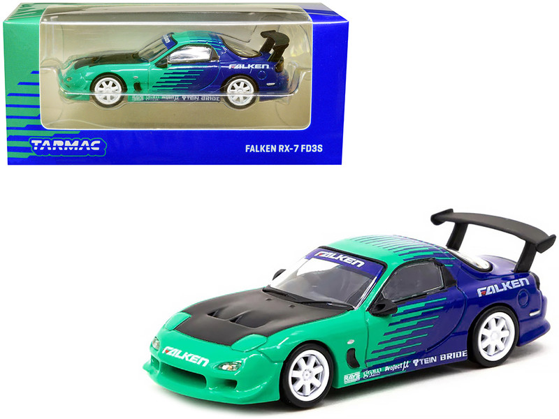 Mazda RX-7 FD3S RHD Right Hand Drive Green and Blue Falken Livery Global64 Series 1/64 Diecast Model Car Tarmac Works T64G-TL022-FA