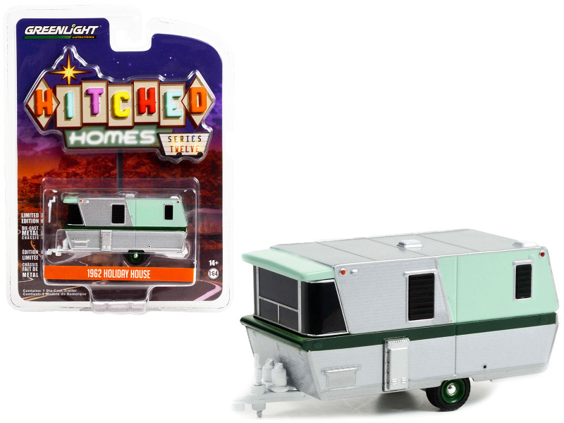 1962 Holiday House Travel Trailer Silver and Mint Green with Dark Green Stripes Hitched Homes Series 12 1/64 Diecast Model Greenlight 34120A