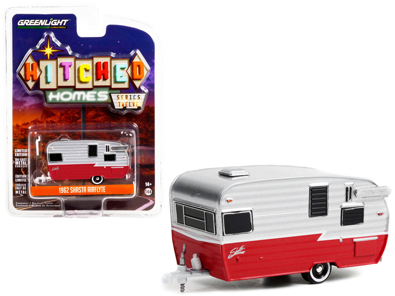 1962 Shasta Airflyte Travel Trailer Polished Aluminum and Red with White Stripes Hitched Homes Series 12 1/64 Diecast Model Greenlight 34120F