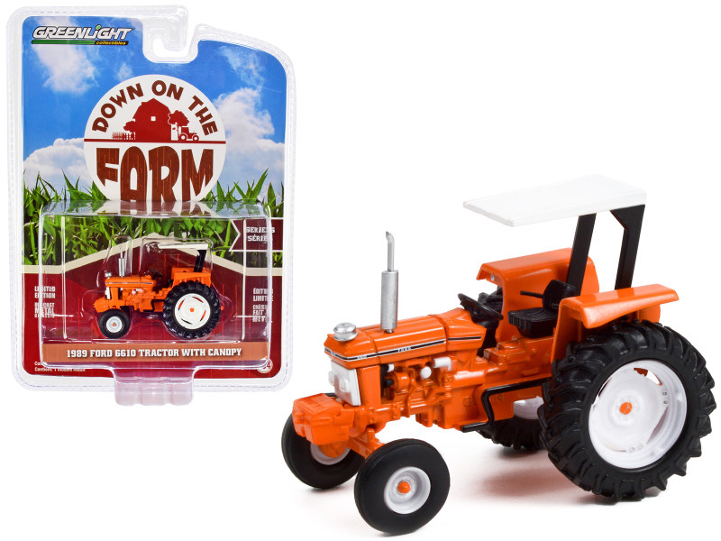1989 Ford 6610 Tractor with Canopy Orange with White Top and Black Stripes Down on the Farm Series 6 1/64 Diecast Model Greenlight 48060E