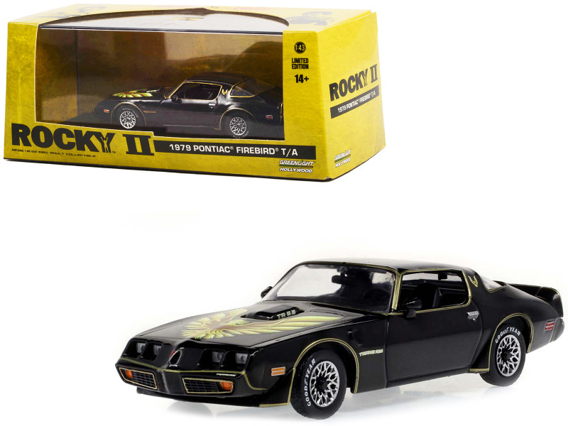 1979 Pontiac Firebird T/A Trans Am Black with Hood Phoenix Rocky II 1979 Movie 1/43 Diecast Model Car Greenlight 86616
