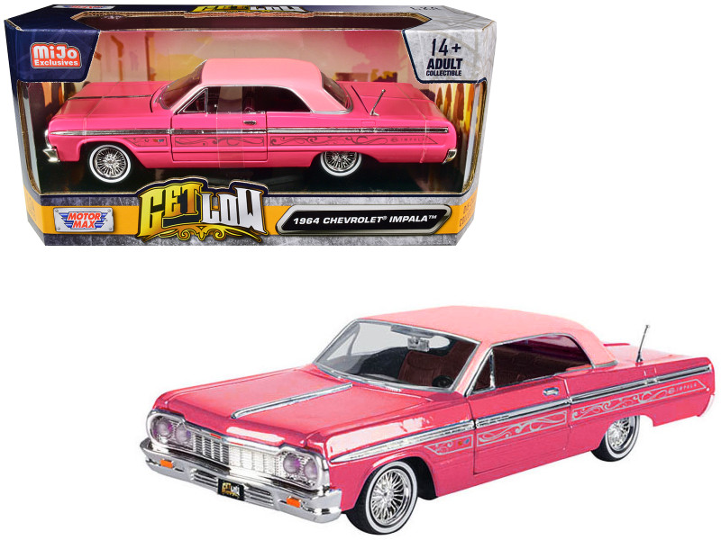 1964 Chevrolet Impala Lowrider Hard Top Pink with Graphics and Light Pink Top Get Low Series 1/24 Diecast Model Car Motormax 79021pk