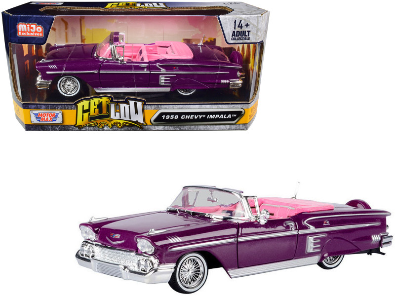 1958 Chevrolet Impala Convertible Lowrider Purple Metallic with Pink Interior Get Low Series 1/24 Diecast Model Car Motormax 79025pur