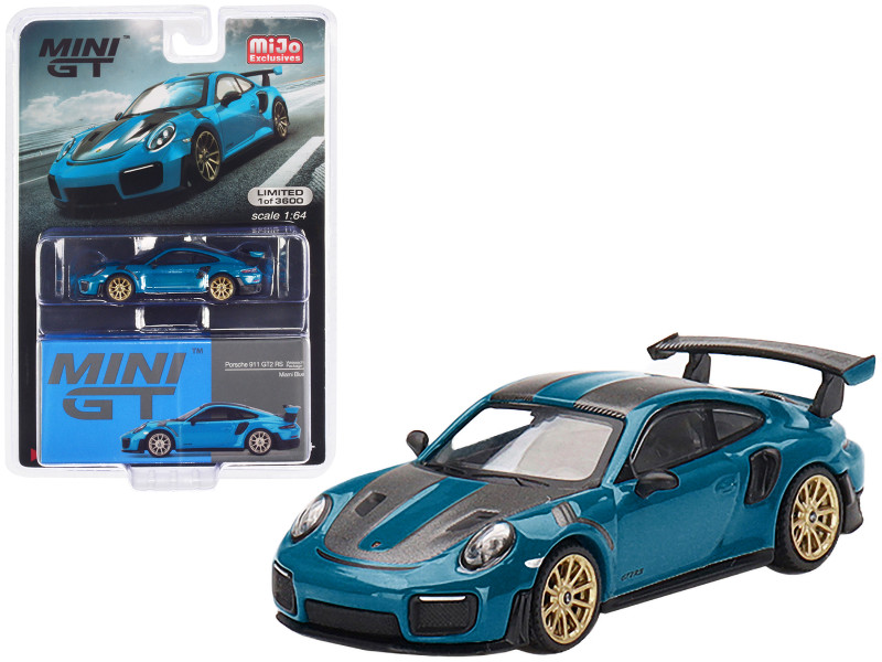 Porsche 911 GT2 RS Weissach Package Miami Blue with Carbon Stripes Limited Edition 3600 pieces Worldwide 1/64 Diecast Model Car True Scale Miniatures MGT00344
