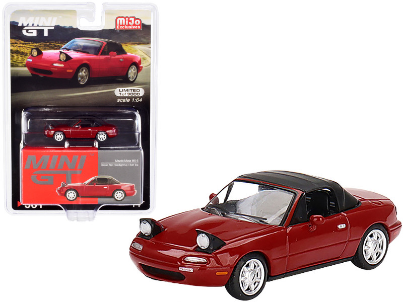 Mazda Miata MX-5 NA Classic Red with Headlights and Soft Top Up Limited Edition 3000 pieces Worldwide 1/64 Diecast Model Car True Scale Miniatures MGT00361