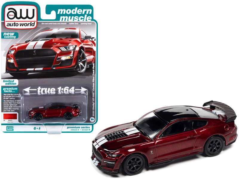 2020 Shelby GT500 Carbon Fiber Track Pack Rapid Red Metallic White Stripes Black Top Modern Muscle Limited Edition 1/64 Diecast Model Car Auto World 64362-AWSP100B