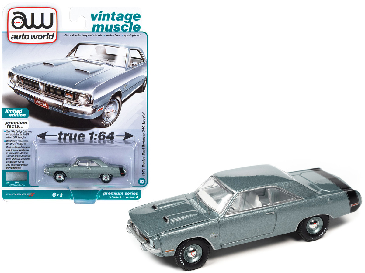 Diecast Model Cars wholesale toys dropshipper drop shipping 1971 Dodge Dart Swinger 340 Special Light Gunmetal Gray Metallic Black Tail Stripe Vintage Muscle Limited Edition 1/64 Auto World 64362-AWSP105A drop shipping wholesale picture