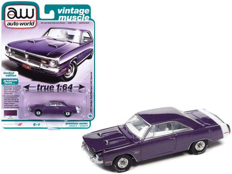 1971 Dodge Dart Swinger 340 Special Plum Crazy Purple Metallic White Tail Stripe Vintage Muscle Limited Edition 1/64 Diecast Model Car Auto World 64362-AWSP105B