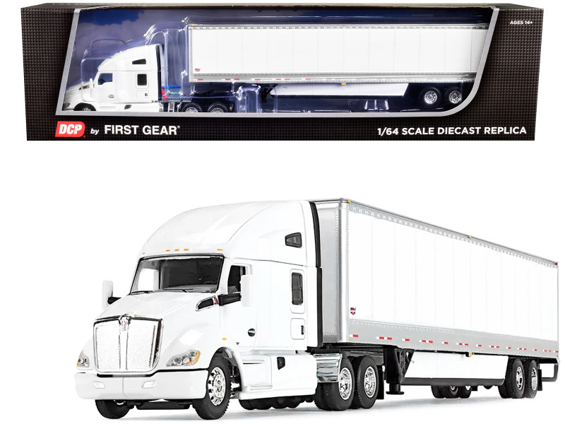 Kenworth T680 76" High Roof Sleeper Cab 53' Wabash DuraPlate HD Dry Goods Trailer Skirts White 1/64 Diecast Model DCP/First Gear 60-1418