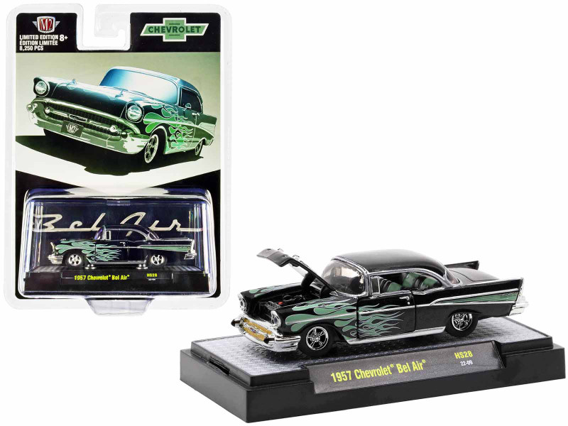 1957 Chevrolet Bel Air Black Metallic Green Flames Limited Edition 8250 pieces Worldwide 1/64 Diecast Model Car M2 Machines 31500-HS28