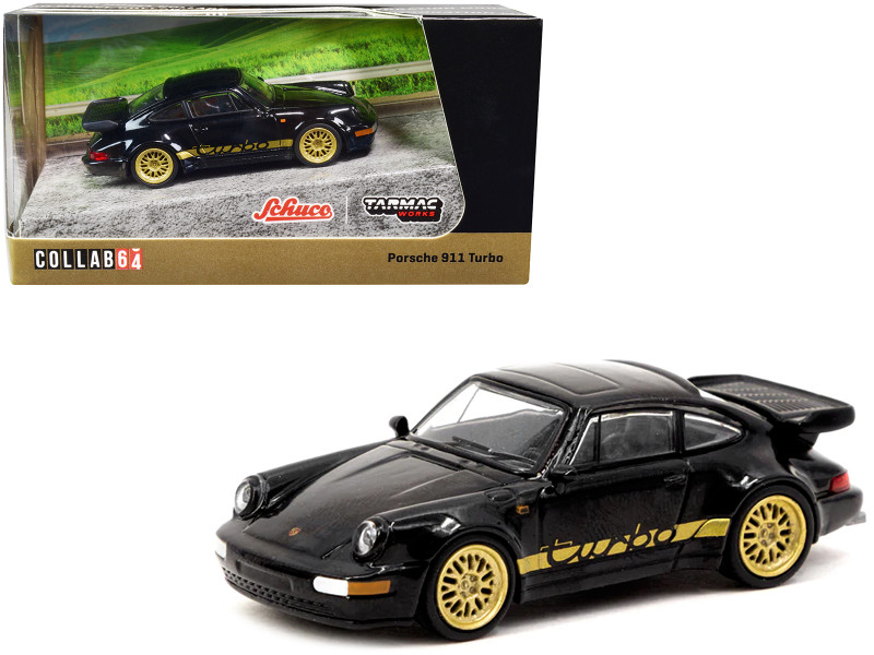 Porsche 911 Turbo Black Gold Stripes Wheels Collab64 Series 1/64 Diecast Model Car Schuco Tarmac Works T64S-009-BLK