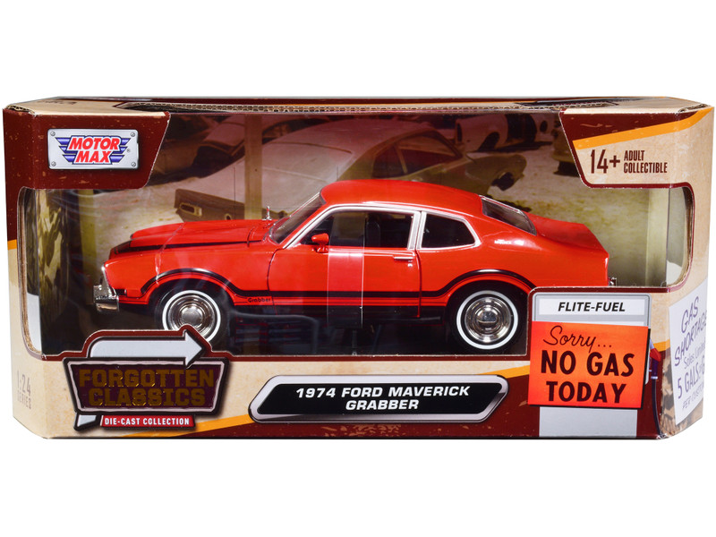 1974 Ford Maverick Grabber Orange Black Stripes Forgotten Classics Series 1/24 Diecast Model Car Motormax 73332or