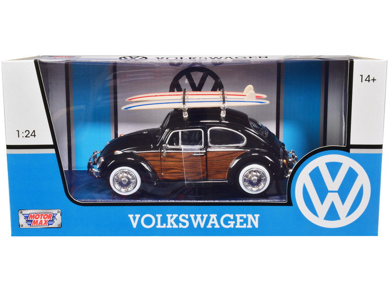 1966 Volkswagen Beetle Black Wood Panels Two Surfboards Roof Rack 1/24 Diecast Model Car Motormax 79591