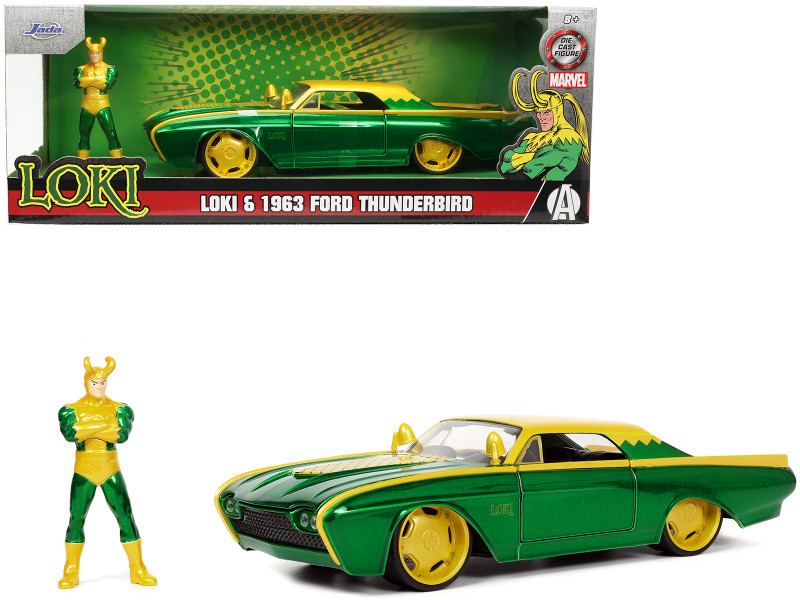 1963 Ford Thunderbird Green Yellow Metallic Hood Graphics Loki Diecast Figure Loki Marvel Series 1/24 Diecast Model Car Jada 33357