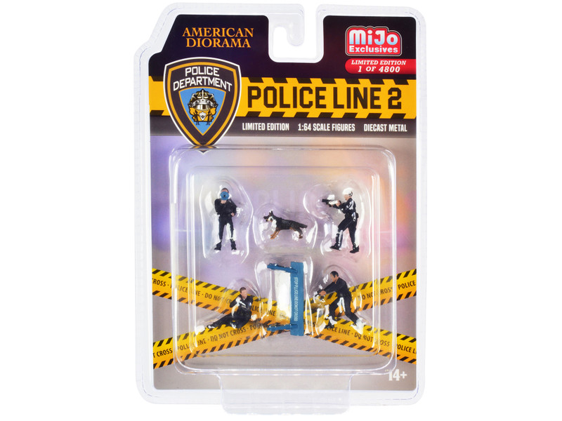 Police Line 2 6 piece Diecast Set 4 Police Figures 1 Dog Figure 1 Accessory Limited Edition 4800 pieces Worldwide 1/64 Scale Models American Diorama 76497