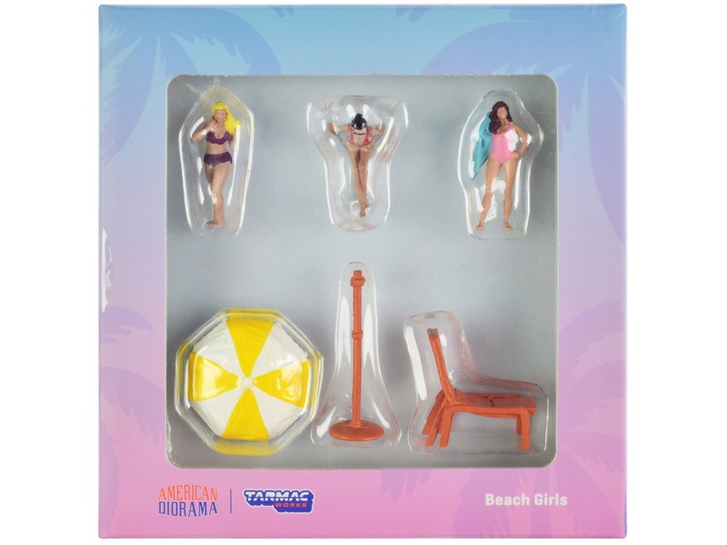 Beach Girls 5 piece Diecast Figure Set 3 Female Figures 2 Beach Accessories 1/64 Scale Models Tarmac Works American Diorama T64F-002-YL